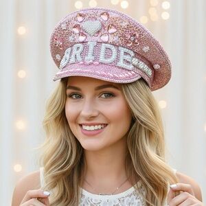Pink & White Pearl Bride Rhinestone Studded Captain Hat